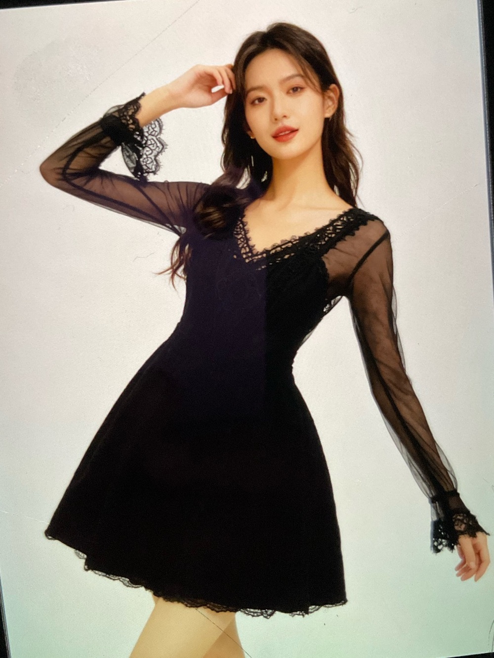 Free People Black Lace Sheer-Sleeve Mini Dress